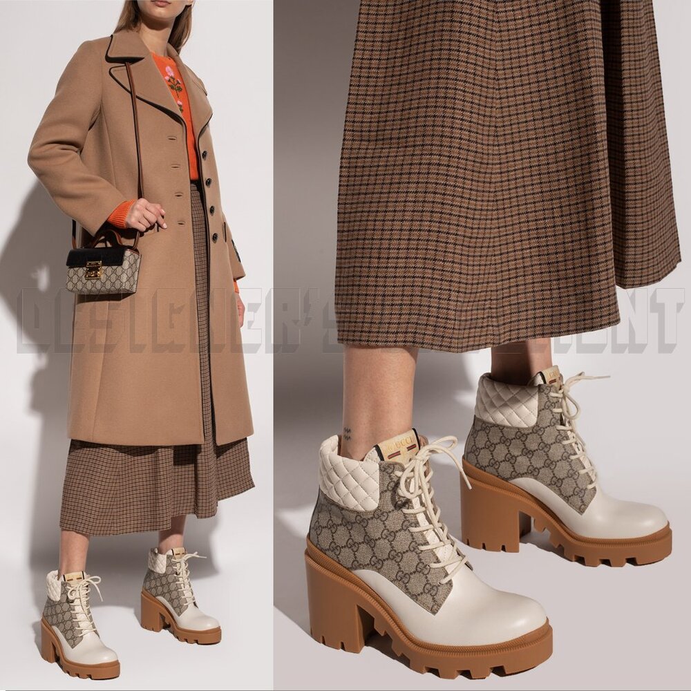 GUCCI 41 beige GG canvas quilted Leather TRIP logo platform Combat ankle Booties